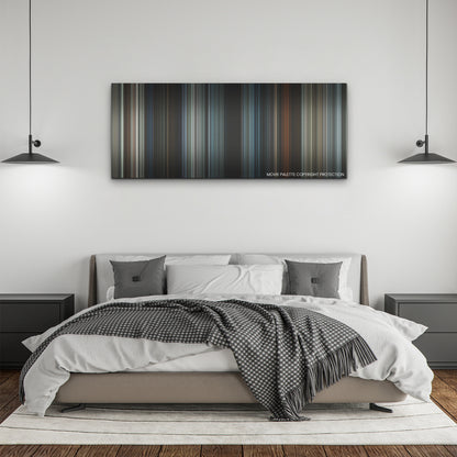 A Quiet Place: Day One color palette canvas above a bed, between two black pendant lamps