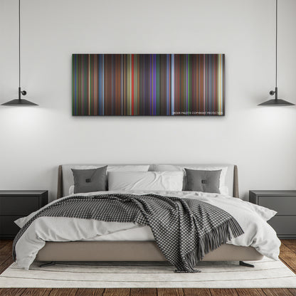 Teenage Mutant Ninja Turtles: Mutant Mayhem color palette canvas above a bed, between two black pendant lamps