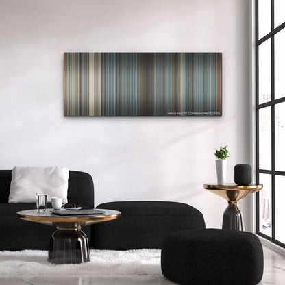 Tetris color palette canvas above a black sofa with a gold-topped table