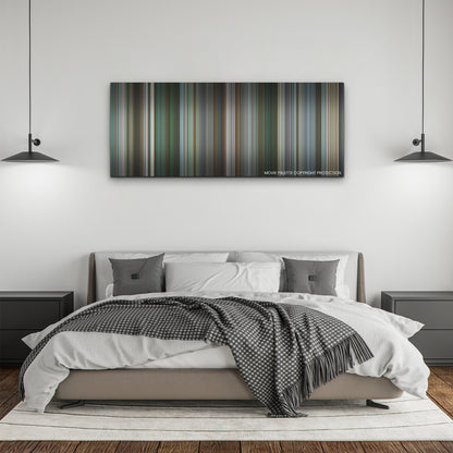Hustle color palette canvas above a bed, between two black pendant lamps