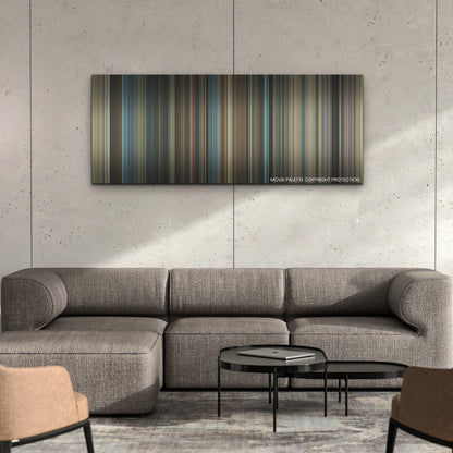 One Life color palette canvas on a concrete wall above a gray sectional sofa