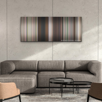 No Hard Feelings color palette canvas on a concrete wall above a gray sectional sofa