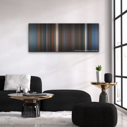 Mortal Kombat color palette canvas above a black sofa with a gold-topped table