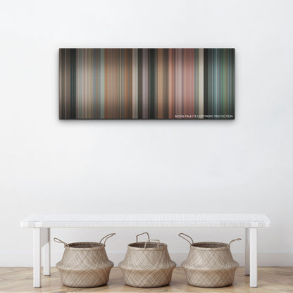 Bottoms color palette canvas above a white bench with three woven baskets