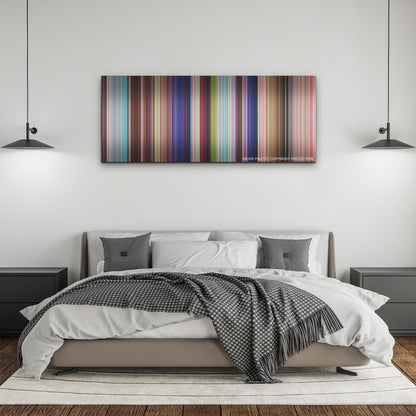 The Sea Beast color palette canvas above a bed, between two black pendant lamps
