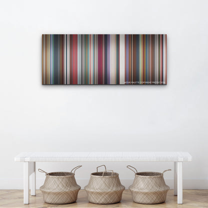 Nimona color palette canvas above a white bench with three woven baskets