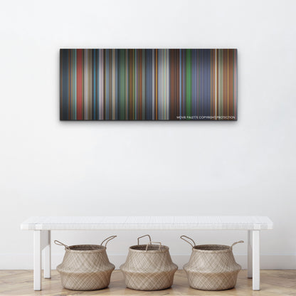 The Witcher: Nightmare of the Wolf color palette canvas above a white bench with three woven baskets