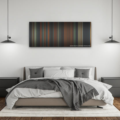 The Watchers color palette canvas above a bed, between two black pendant lamps