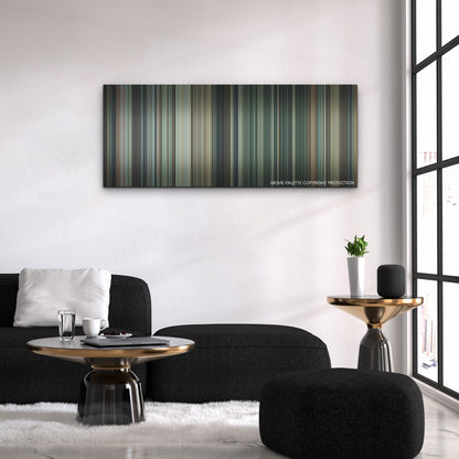 Army of the Dead color palette canvas above a black sofa with a gold-topped table