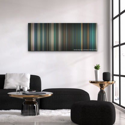 Beetlejuice Beetlejuice color palette canvas above a black sofa with a gold-topped table