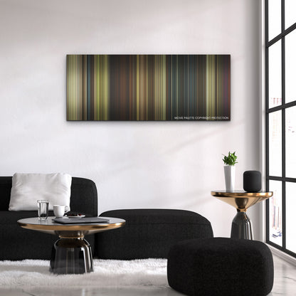 A Quiet Place Part II color palette canvas above a black sofa with a gold-topped table