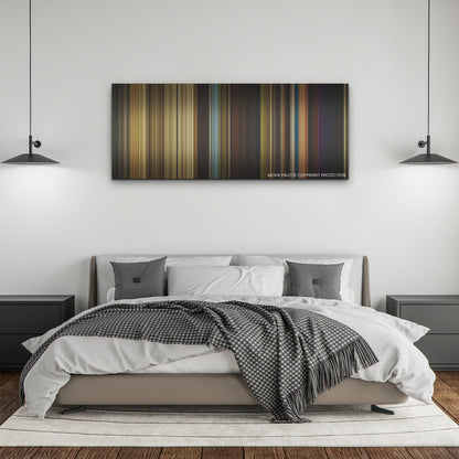 Jungle Cruise color palette canvas above a bed, between two black pendant lamps