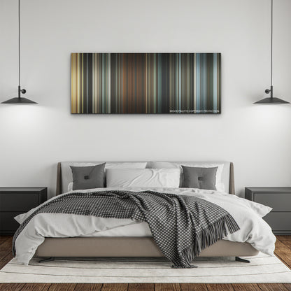 The King's Man color palette canvas above a bed, between two black pendant lamps