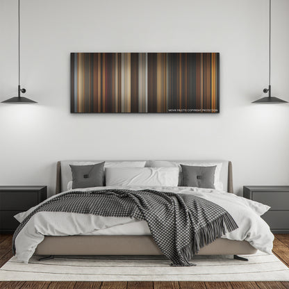 The First Omen color palette canvas above a bed, between two black pendant lamps