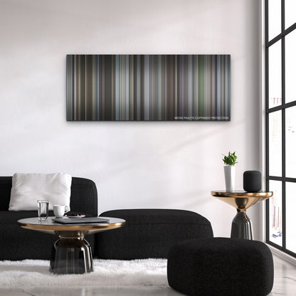 The Worst Person in the World color palette canvas above a black sofa with a gold-topped table