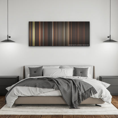 Fresh color palette canvas above a bed, between two black pendant lamps
