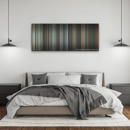 Riders of Justice color palette canvas above a bed, between two black pendant lamps