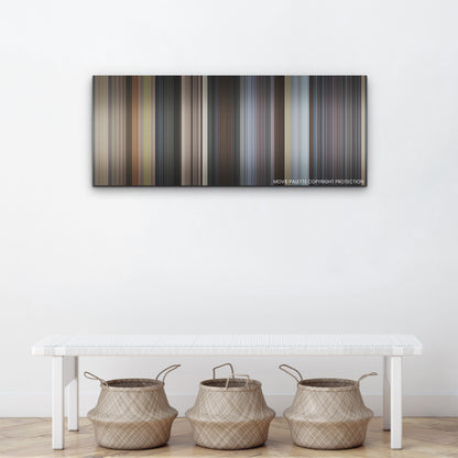 Ghosted color palette canvas above a white bench with three woven baskets
