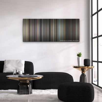 May December color palette canvas above a black sofa with a gold-topped table
