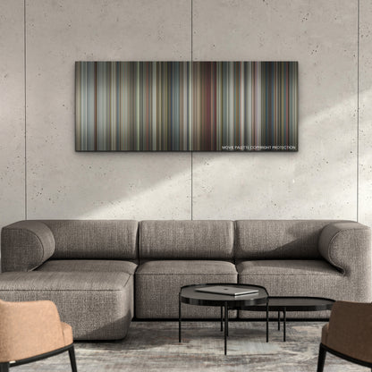 Black Mirror: Bandersnatch color palette canvas on a concrete wall above a gray sectional sofa