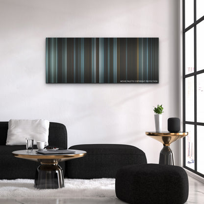 The Pale Blue Eye color palette canvas above a black sofa with a gold-topped table