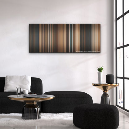 Indiana Jones and the Dial of Destiny color palette canvas above a black sofa with a gold-topped table