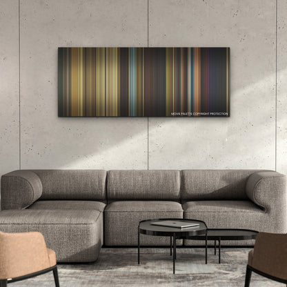 Jungle Cruise color palette canvas on a concrete wall above a gray sectional sofa