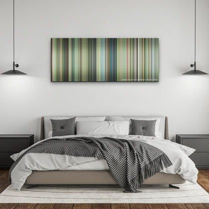 The Boy and the Heron color palette canvas above a bed, between two black pendant lamps
