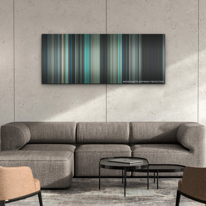 Night Swim color palette canvas on a concrete wall above a gray sectional sofa
