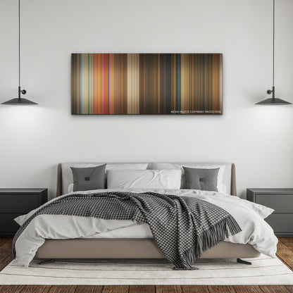 Murder Mystery 2 color palette canvas above a bed, between two black pendant lamps