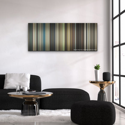 Hitman's Wife's Bodyguard color palette canvas above a black sofa with a gold-topped table