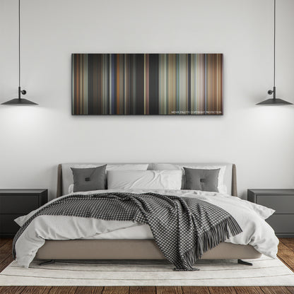 Bones and All color palette canvas above a bed, between two black pendant lamps