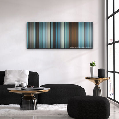 All Quiet on the Western Front color palette canvas above a black sofa with a gold-topped table