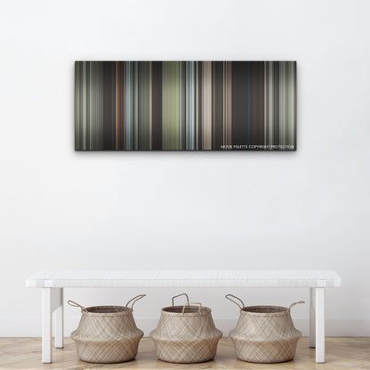 Kingdom of the Planet of the Apes color palette canvas above a white bench with three woven baskets