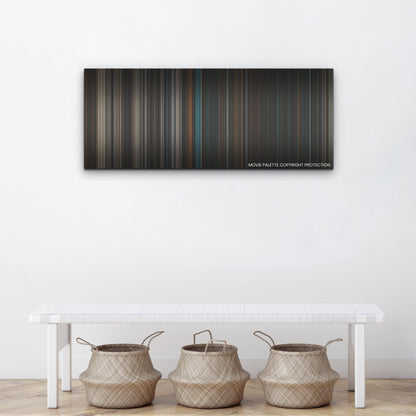 The Nun II color palette canvas above a white bench with three woven baskets