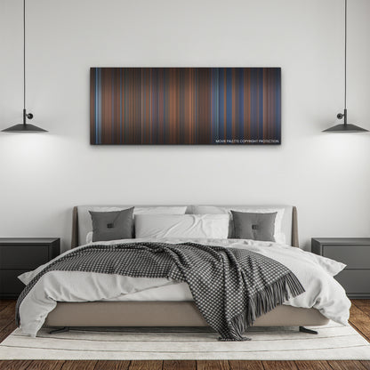 Violent Night color palette canvas above a bed, between two black pendant lamps
