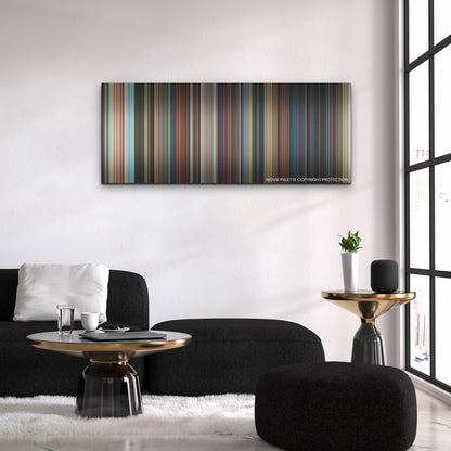 Kung Fu Panda 4 color palette canvas above a black sofa with a gold-topped table