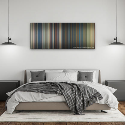 The Expendables 4 color palette canvas above a bed, between two black pendant lamps