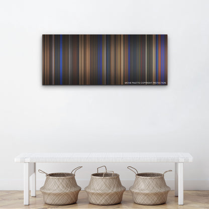 Guillermo del Toro's Pinocchio color palette canvas above a white bench with three woven baskets