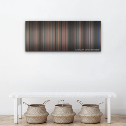 Late Night with the Devil color palette canvas above a white bench with three woven baskets