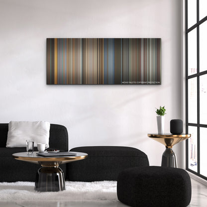 Mission: Impossible - Dead Reckoning Part One color palette canvas above a black sofa with a gold-topped table