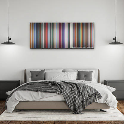 Nimona color palette canvas above a bed, between two black pendant lamps