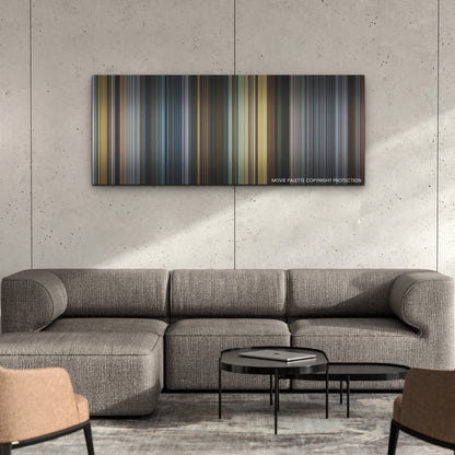 Shang-Chi and the Legend of the Ten Rings color palette canvas on a concrete wall above a gray sectional sofa