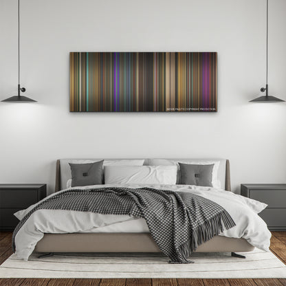 Monkey Man color palette canvas above a bed, between two black pendant lamps