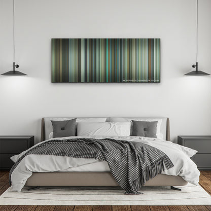 Deep Water color palette canvas above a bed, between two black pendant lamps