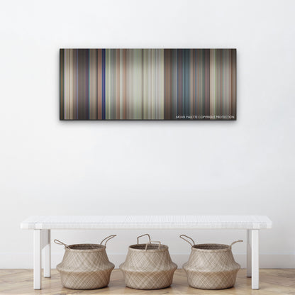 Ricky Stanicky color palette canvas above a white bench with three woven baskets