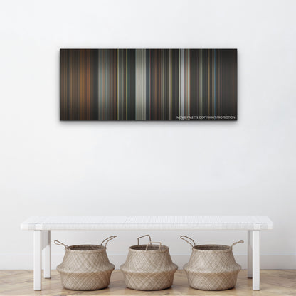Barbarian color palette canvas above a white bench with three woven baskets