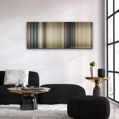 Anyone But You color palette canvas above a black sofa with a gold-topped table