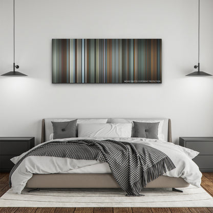 Absolution color palette canvas above a bed, between two black pendant lamps