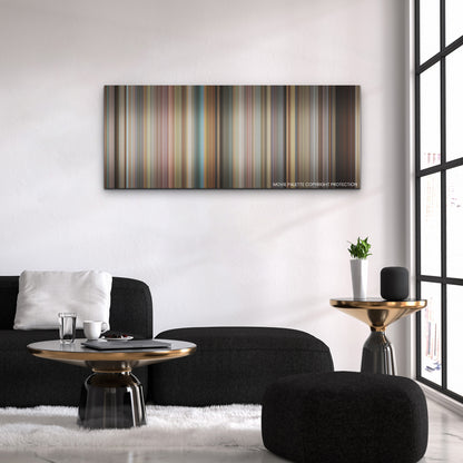 Do Revenge color palette canvas above a black sofa with a gold-topped table